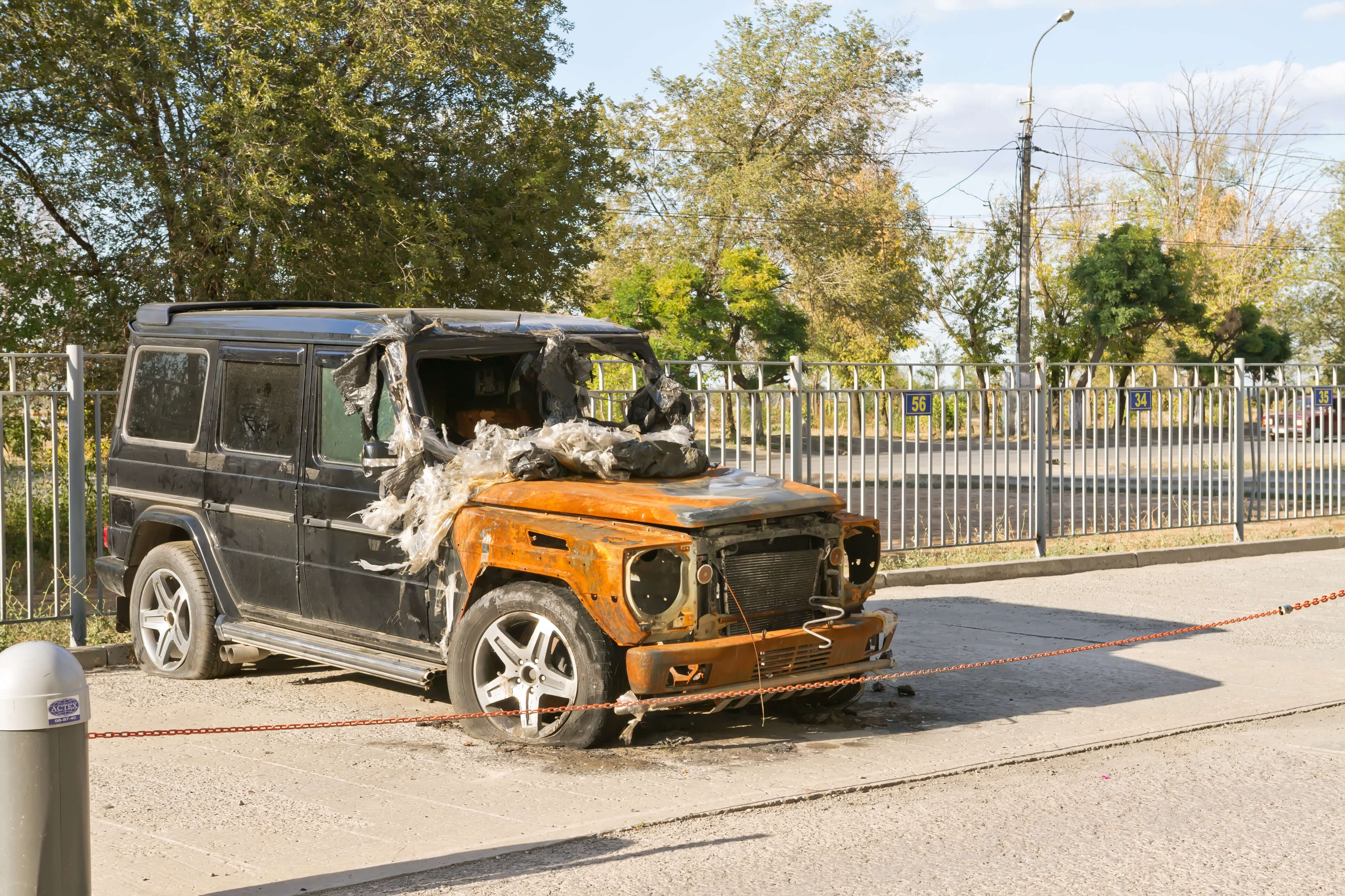 A Mercedes-Benz after a vehicle fire.