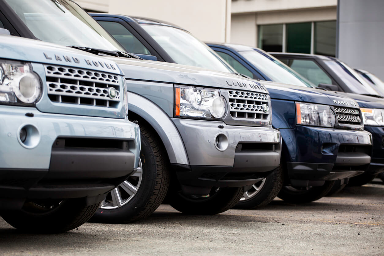 Line of Land Rovers and Range Rovers.